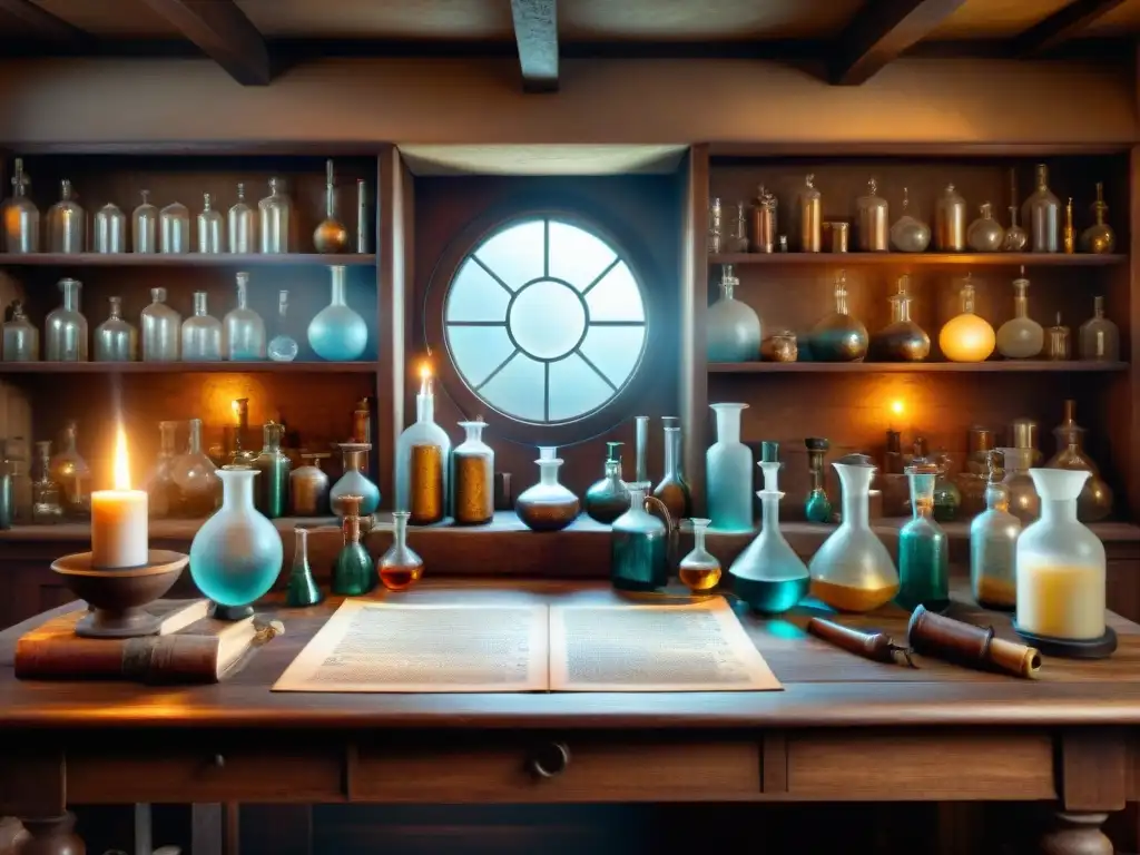 Una escena nostálgica en el laboratorio de un antiguo alquimista, con instrumentos misteriosos y libros polvorientos