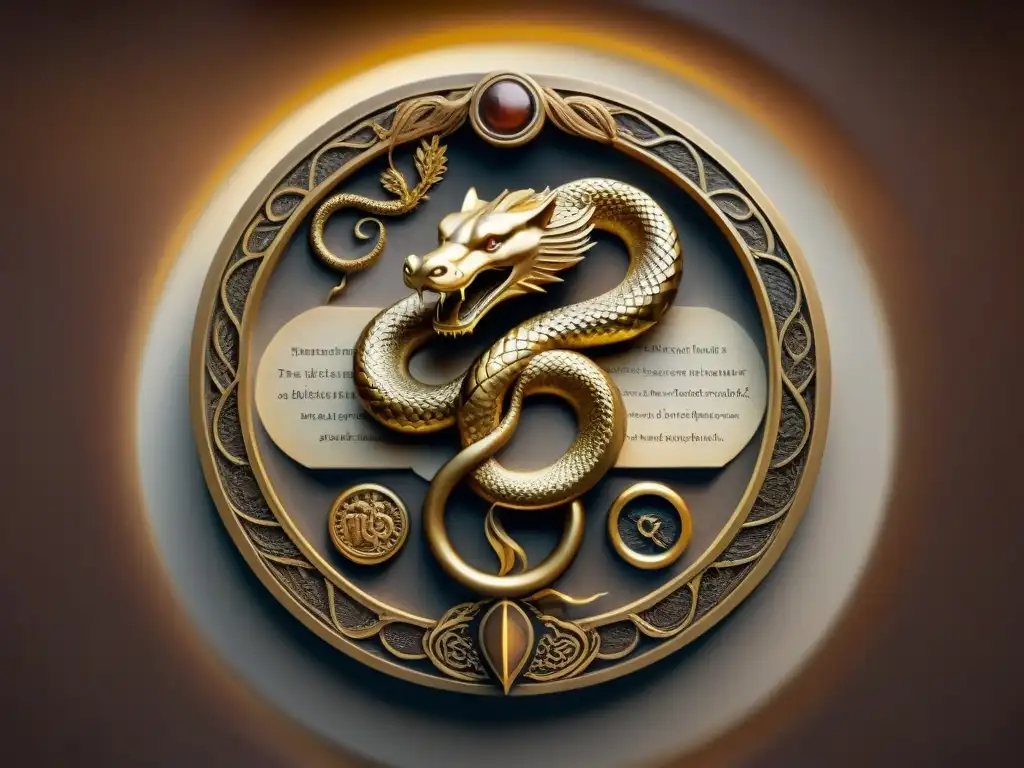 Ouroboros dorado en manuscritos alquímicos antiguos Escena de Renacimiento alquímico: Ouroboros dorado envuelto en manuscritos antiguos, evocando sabiduría ancestral en tonos sepia cálidos