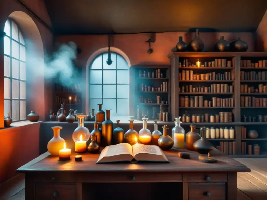 Escena tenebrosa en el laboratorio de un alquimista antiguo, con velas, frascos burbujeantes y símbolos en las paredes