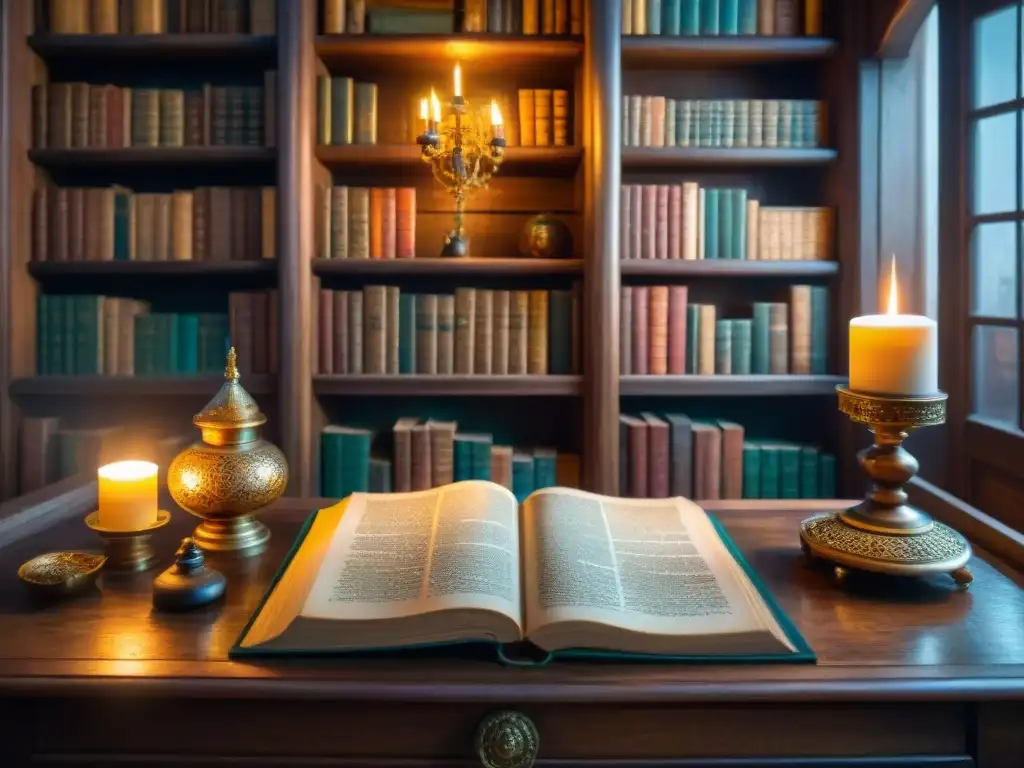 Escenario misterioso de estudio alquimista antiguo con libros sagrados