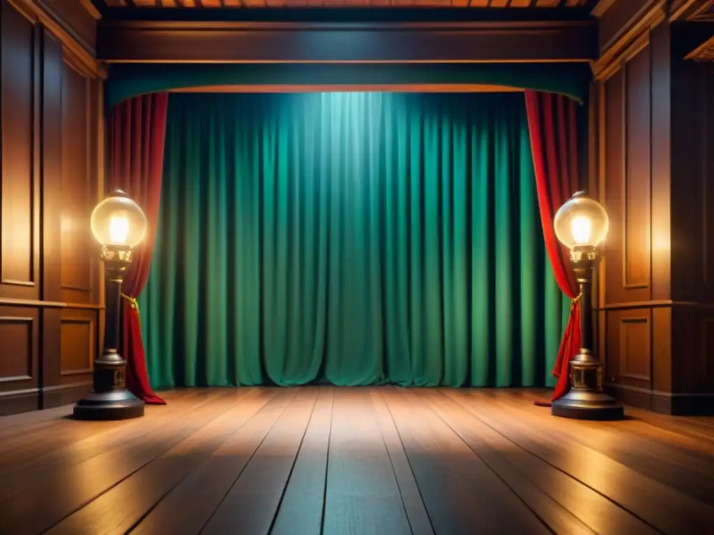 Escenario teatral con símbolos alquímicos, cortinas y atmósfera mística