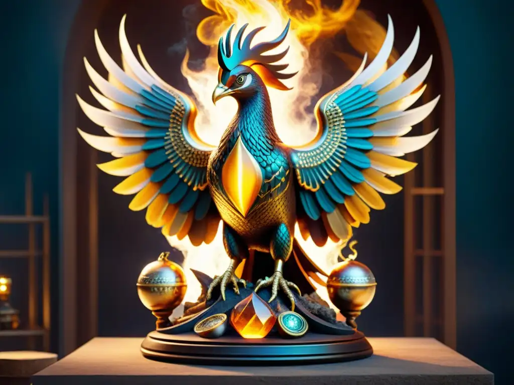 Escultura de fénix dorado en laboratorio alquímico Escultura alquímica de un fénix renaciendo, detallada y dorada, en laboratorio místico con pociones y símbolos brillantes