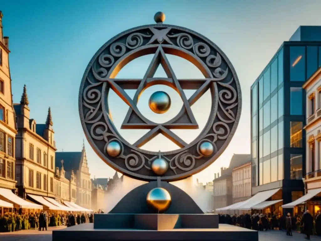 Escultura alquímica: símbolos ancestrales en piedra Escultura alquímica en la plaza de la ciudad: un símbolo complejo tallado en piedra, fusionando arte y alquimia