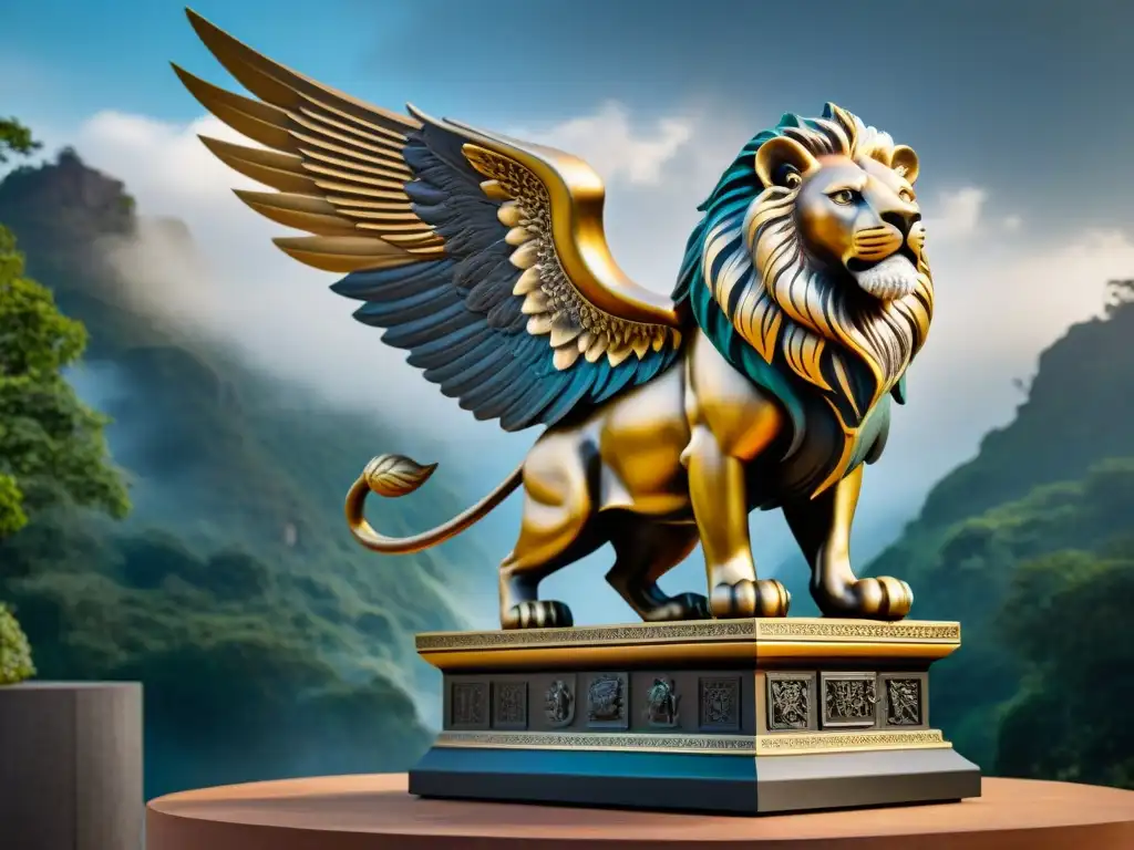 Escultura de bronce: Quimera mítica en pedestal alquímico Escultura de bronce con criatura mítica: cuerpo de león, alas de águila y cola de serpiente, sobre pedestal alquímico