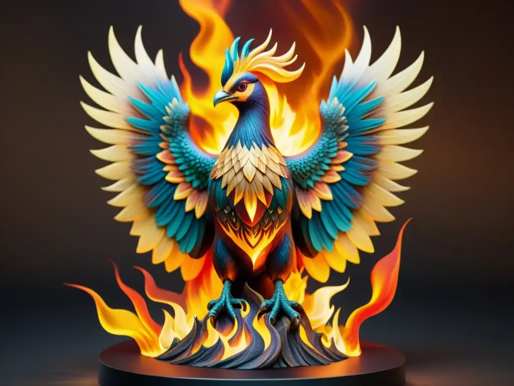 Escultura detallada del fénix en llamas: transformación y renacimiento Escultura sepia detallada de fénix emergiendo de llamas vibrantes, evocando transformación y renacimiento