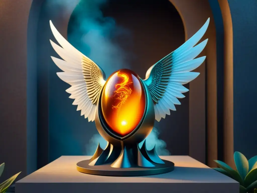 Escultura moderna: Criatura mítica emergiendo de capullo de metal Escultura alquímica: criatura mítica emergiendo de un capullo de metal fundido, con alas desplegadas, rodeada de símbolos antiguos