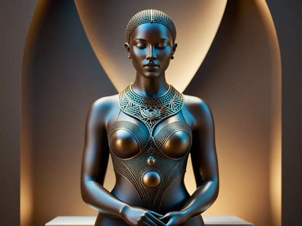 Escultura alquímica: misticismo en sepia Escultura moderna con interpretaciones alquímicas en galería