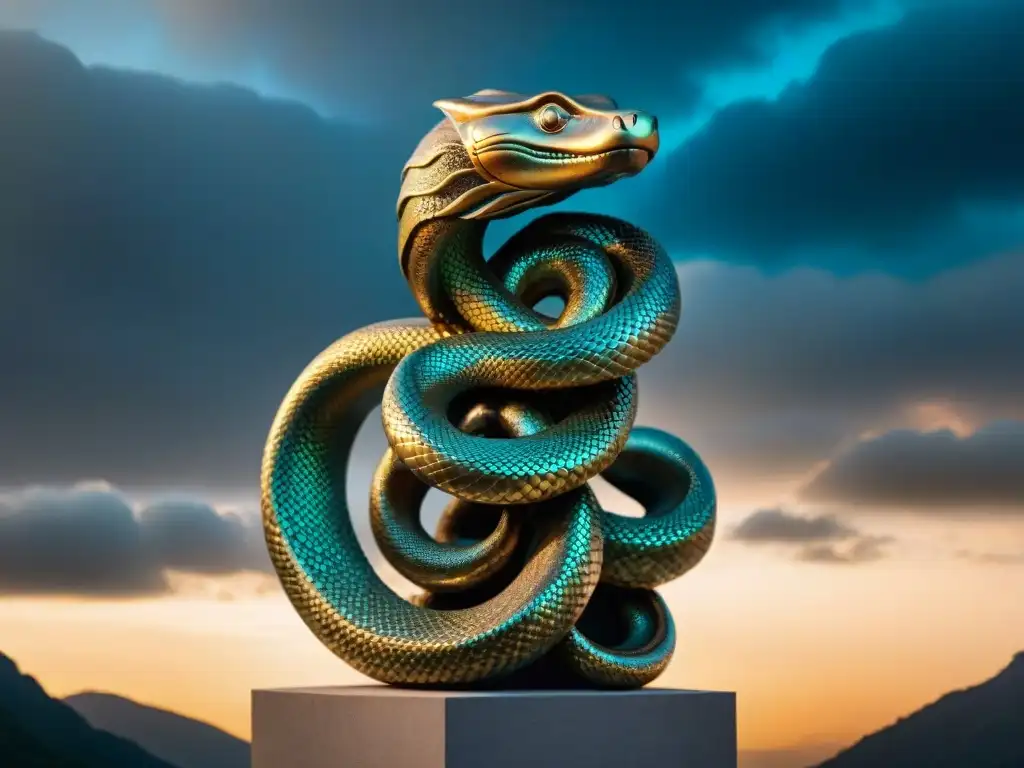 Escultura de bronce: serpientes entrelazadas Escultura moderna de serpientes entrelazadas en bronce, evocando interpretaciones alquímicas en esculturas