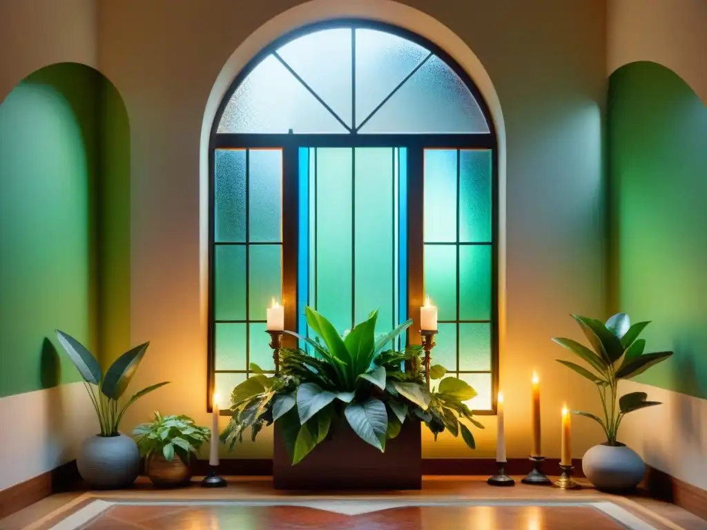 Un espejo antiguo reflejando una habitación llena de plantas verdes, velas brillantes y detalles metálicos