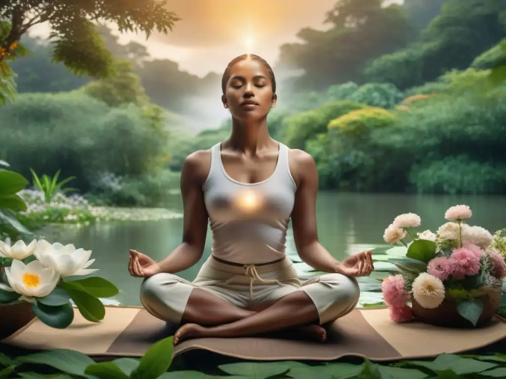 Transformación espiritual: Persona en meditación con energía Kundalini, rodeada de naturaleza exuberante