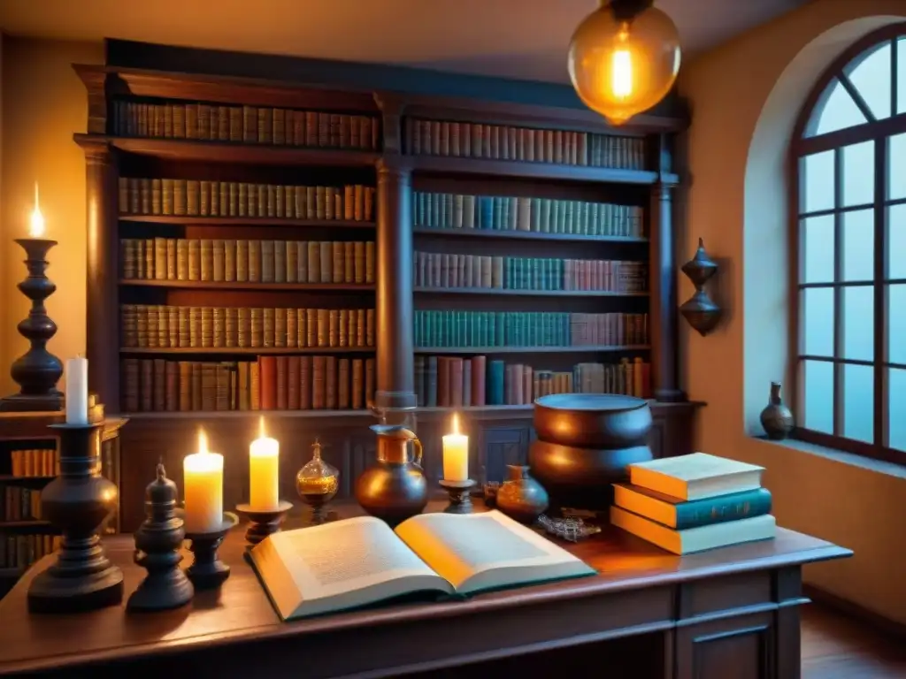 Un estudio de alquimia misterioso lleno de libros antiguos, frascos intrincados y luz de velas, con energía mística