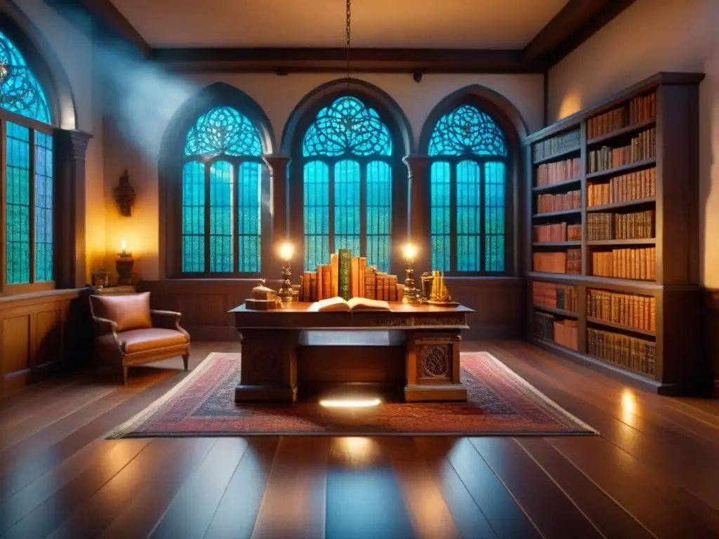 Estudio alquímico místico: sabiduría y transformación Un estudio alquímico místico con libros antiguos de crecimiento personal, herramientas simbólicas y luz etérea