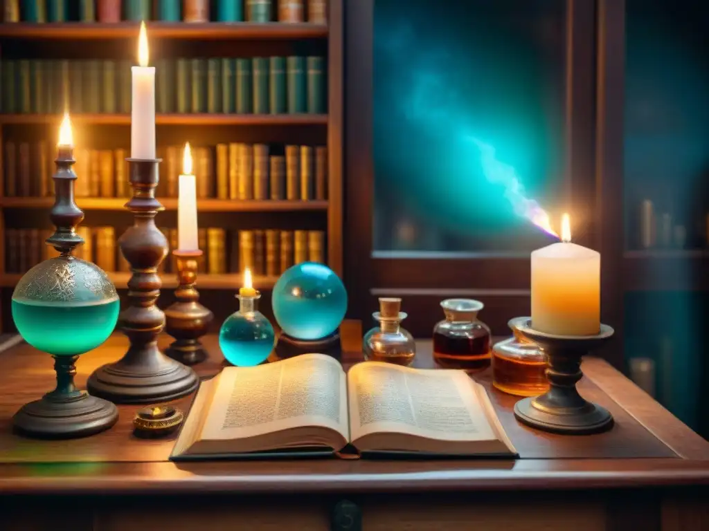 Un estudio alquímico vintage con libros antiguos, frascos de líquidos y una bola de cristal, evocando misterio y transformación