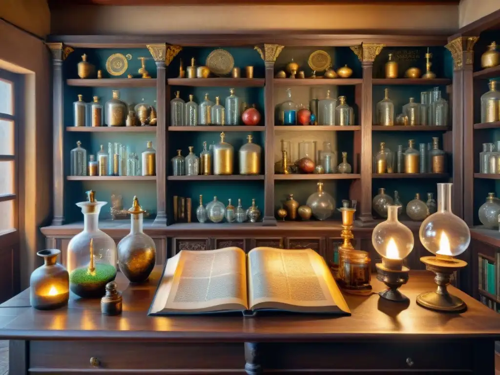 El estudio de un antiguo alquimista rebosante de libros polvorientos, cristalería intrincada y luz de velas, proyectando sombras en estantes de madera desgastados alineados con misteriosos frascos y tarros