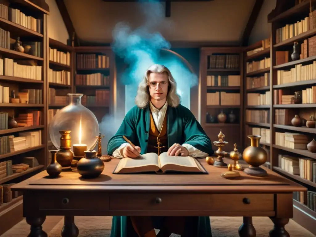 Isaac Newton en su estudio, inmerso en una compleja experimentación alquímica