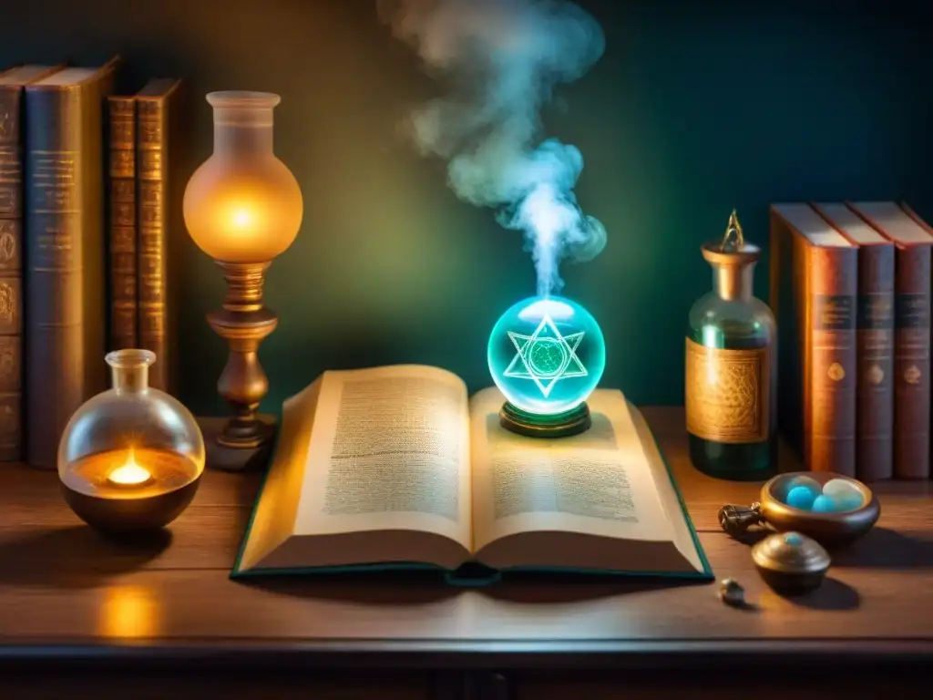 Estudio alquímico místico: libros antiguos, pociones y un orbe luminoso Estudio alquimista místico con libros antiguos, pociones burbujeantes y orbe brillante en penumbra