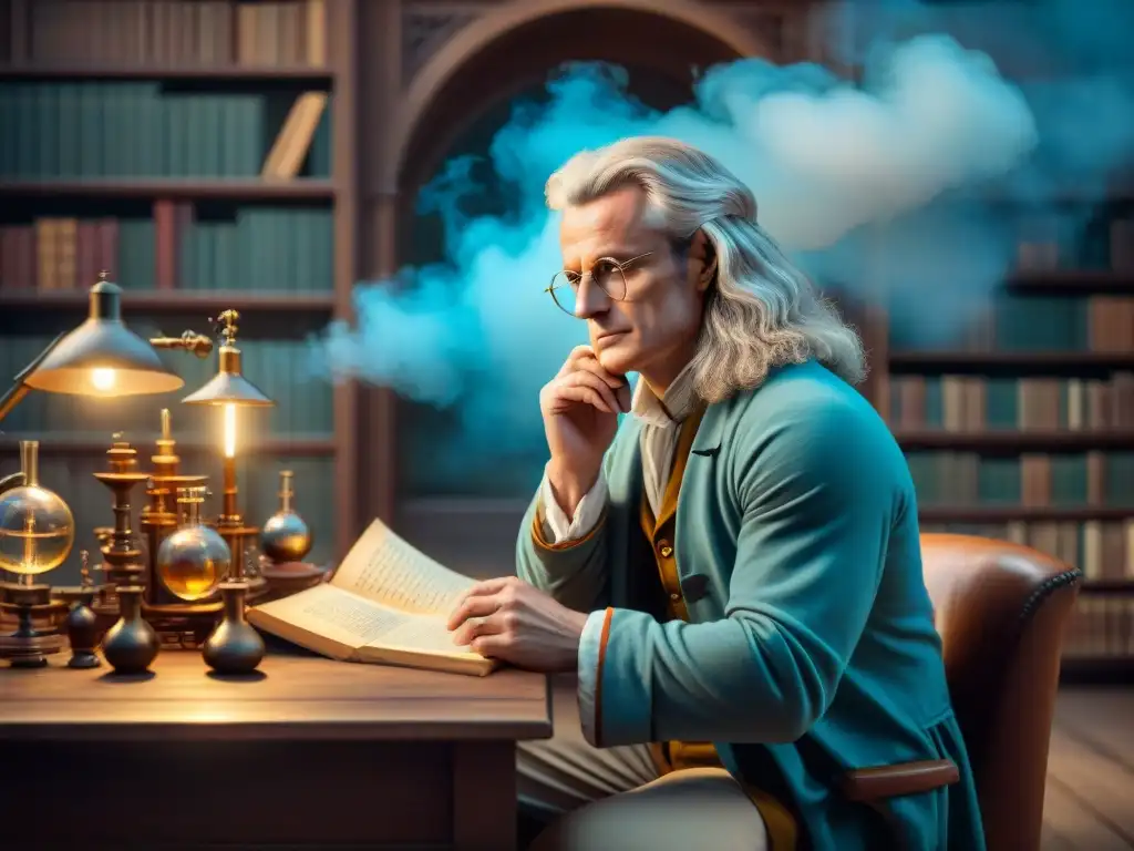 Isaac Newton en su estudio, rodeado de alquimia y ciencia, reflexionando con sabiduría sobre el universo