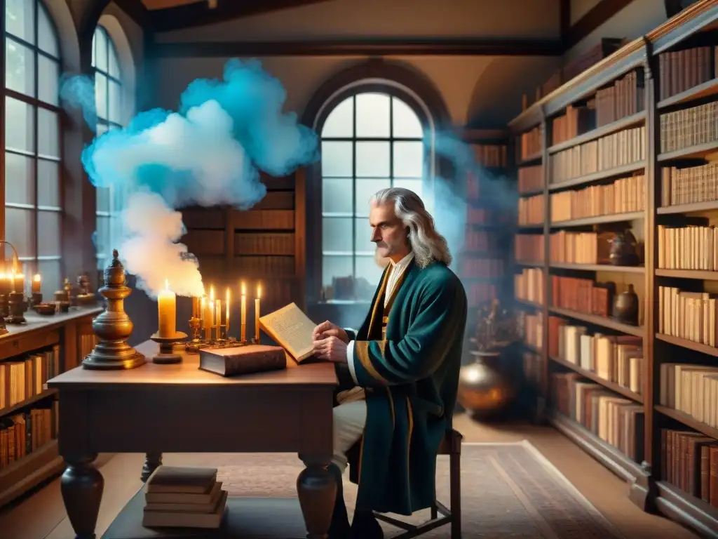 Ilustración sepia de Sir Isaac Newton en su estudio, rodeado de símbolos alquímicos y libros antiguos