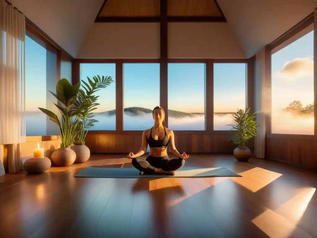 Un estudio de yoga sereno al amanecer, con luz dorada y figuras en posturas profundas