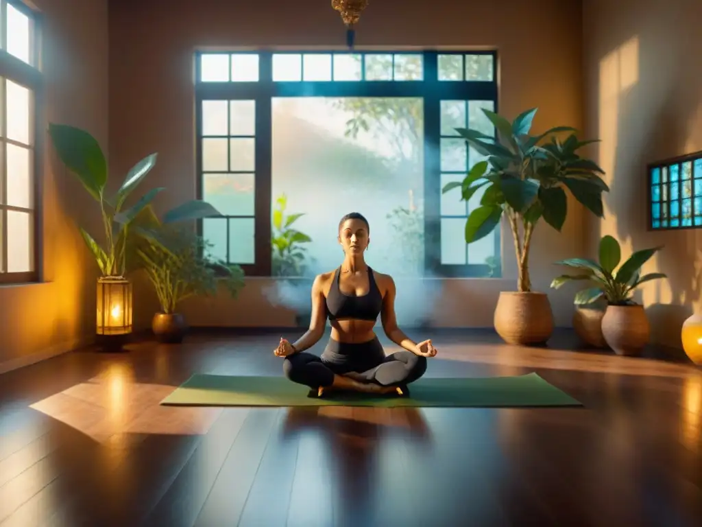 Un estudio de yoga sereno y místico, con luz dorada y sombras