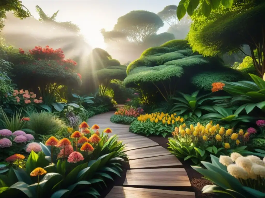 Jardín botánico exótico: detalle y belleza natural Un jardín botánico exuberante con detalle sepia: plantas exóticas, flores vibrantes, abejas revoloteando