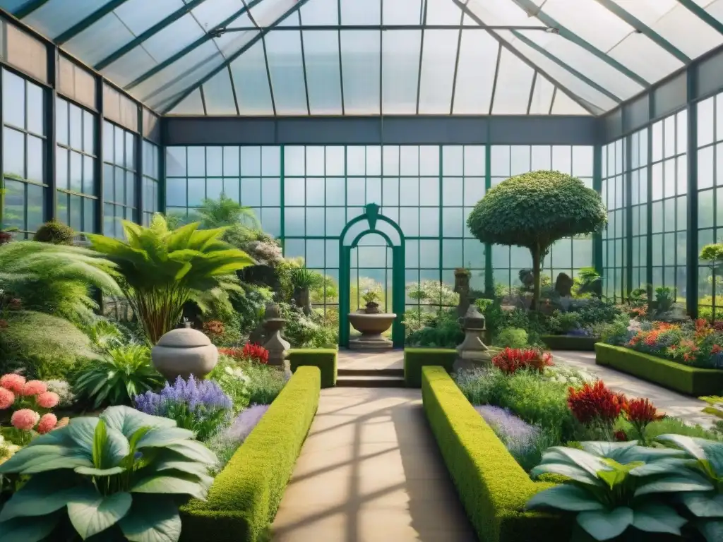 Un jardín botánico exuberante en sepia, con plantas vibrantes, estatuas de piedra y una majestuosa casa de cristal