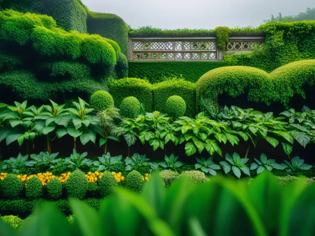 Un exuberante jardín renacentista con diseños geométricos, plantas detalladas y criaturas míticas, evocando misterio y simbolismo alquímico