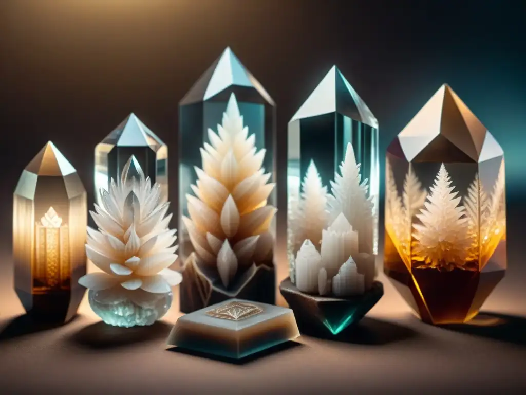 Fascinante colección de cristales tallados, iluminados en tonos sepia sobre un fondo místico