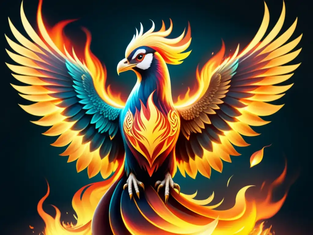 Un fénix majestuoso emerge de un crisol ardiente, representando la alquimia de transformar miedos y dudas en fuerza y claridad