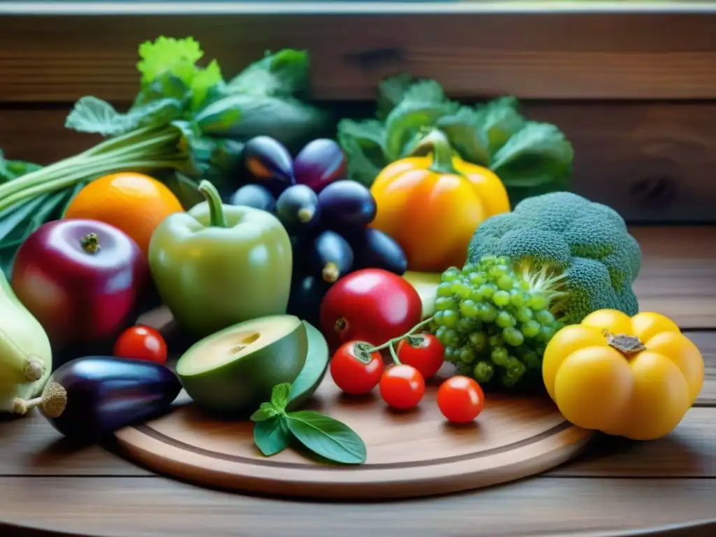 Un festín alquímico de frutas y verduras vibrantes en una mesa de madera rústica