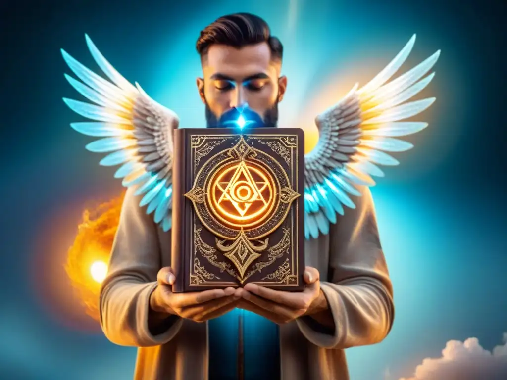 Figura celestial alquimia mística: ser celestial con alas angelicales, símbolos alquímicos y libro de conocimiento antiguo