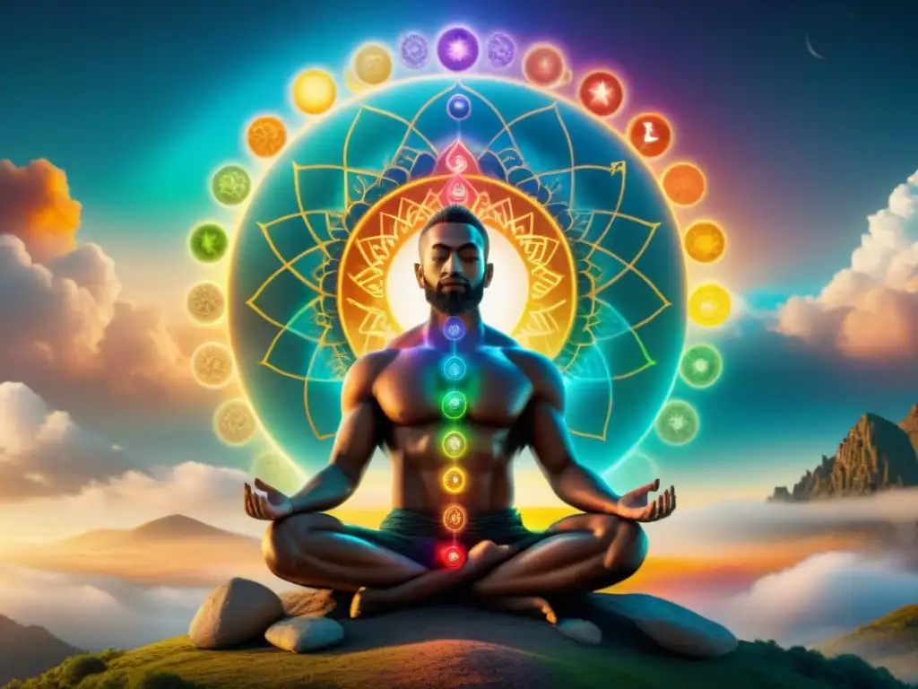 Figura humana meditando en paisaje místico con chakras y símbolos alquímicos, fusionando energías