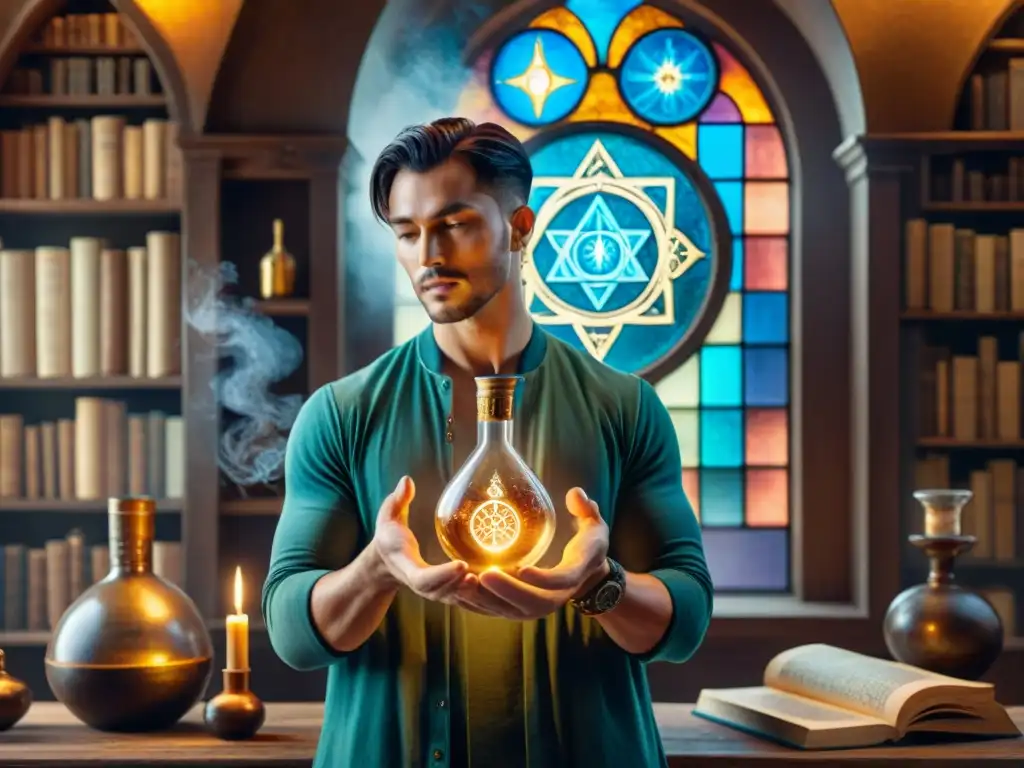 Ilustración alquímica: Renacimiento personal a través de la alquimia Figura inmersa en símbolos alquímicos, vial brillante en mano, laboratorio místico con libros antiguos y pociones burbujeantes