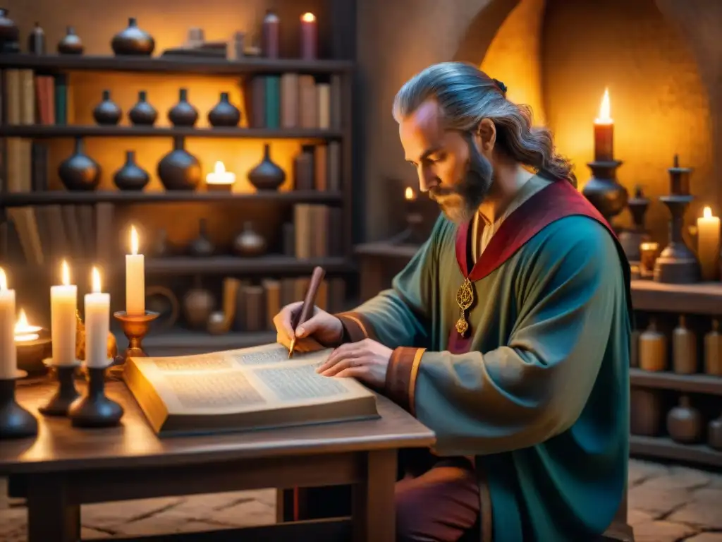 Nicholas Flamel concentrado en su taller de alquimia rodeado de libros antiguos, líquidos coloridos y símbolos misteriosos