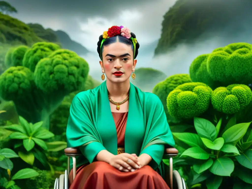 Frida Kahlo, rodeada de exuberante vegetación, contempla un símbolo alquímico en el aire