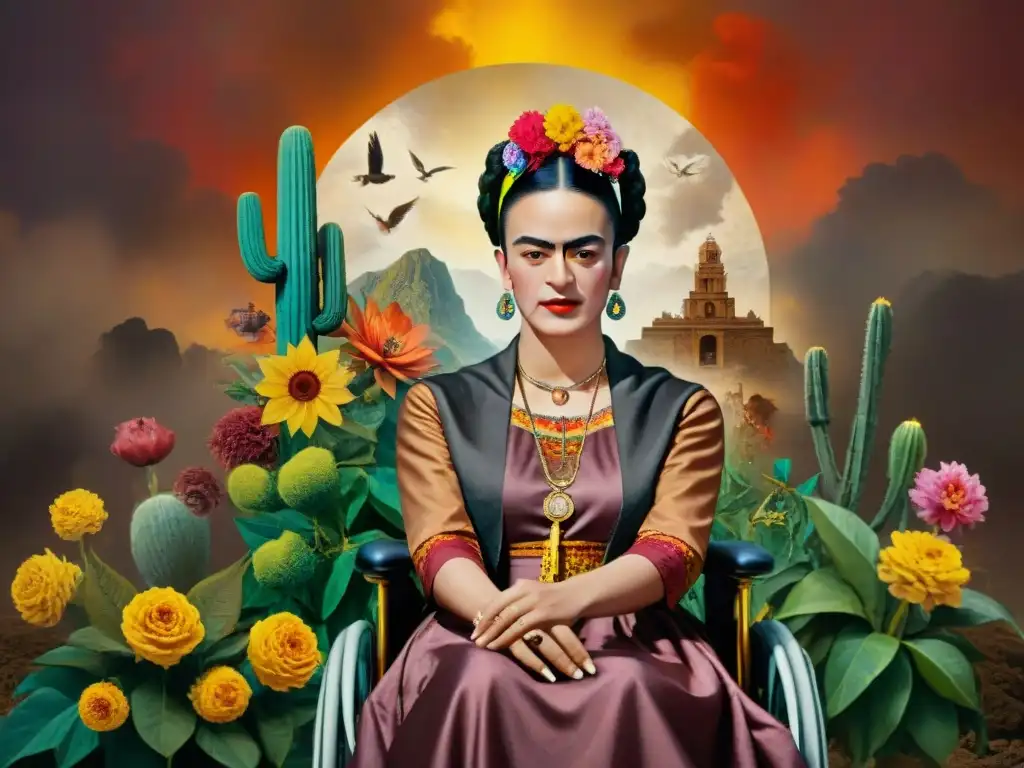 Frida Kahlo en su silla de ruedas rodeada de flores y símbolos alquímicos, con un fénix al fondo