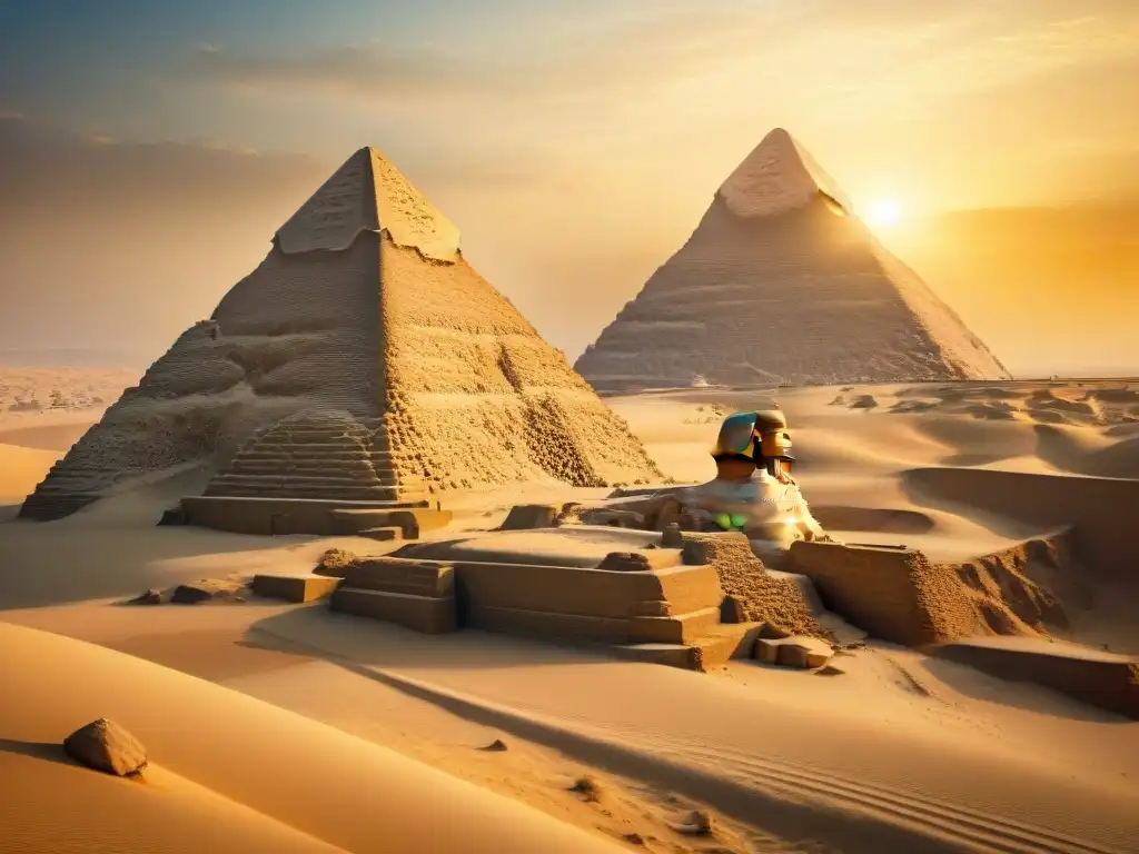 La Gran Esfinge de Giza al atardecer, con un brillo sepia que resalta su legado alquímico del antiguo Egipto