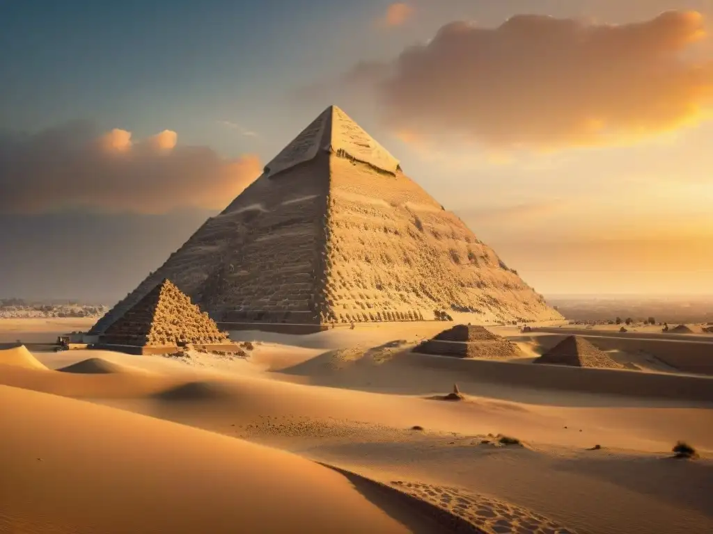 La Gran Pirámide de Giza se alza majestuosa bajo un atardecer dorado, proyectando una larga sombra en la arena del desierto