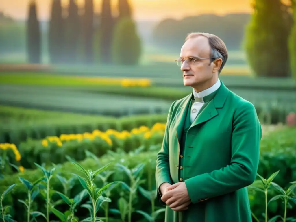 Gregor Mendel cruza plantas de guisantes en su jardín, mostrando paralelos entre alquimia y genética