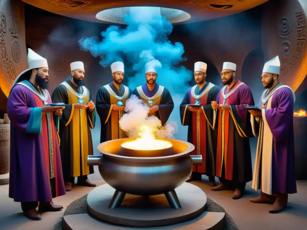 Un grupo de alquimistas y chamanes antiguos se reúnen alrededor de un caldero místico en una cámara tenue, iluminados por su resplandor