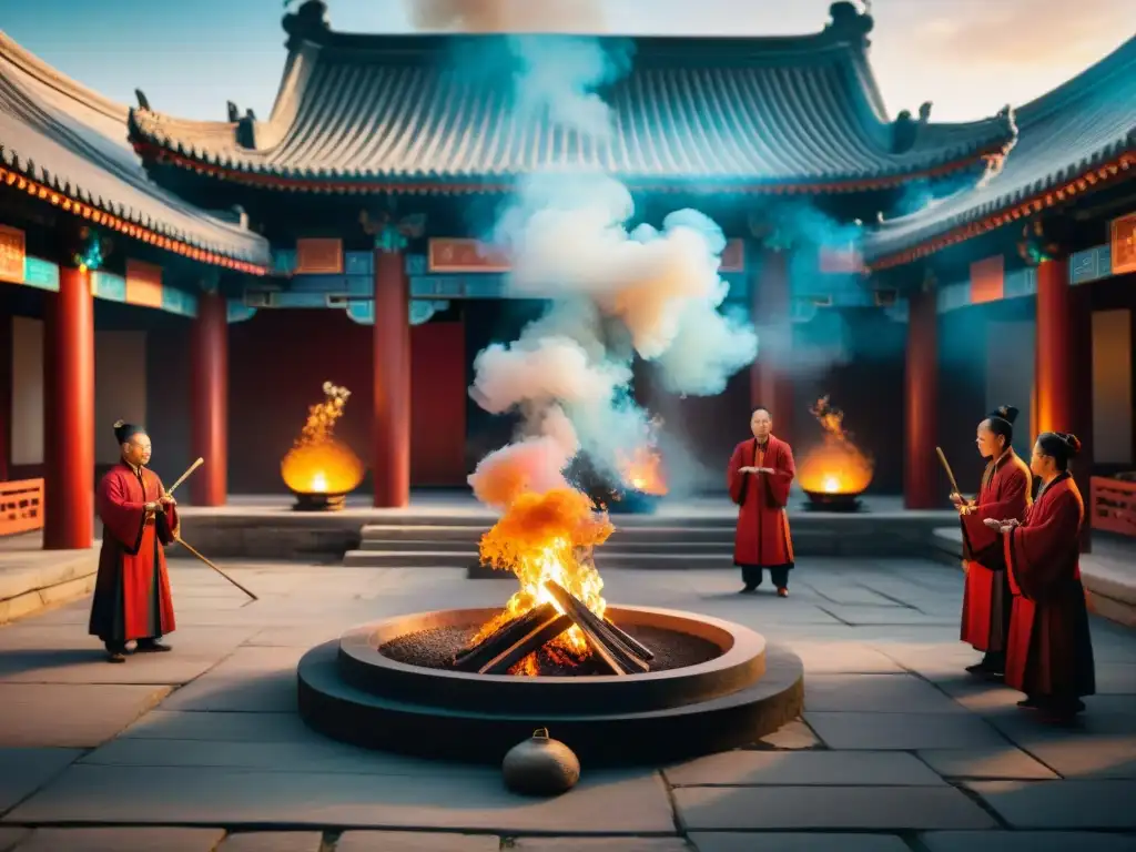 Grupo de alquimistas chinos en ritual de fuego en templo místico al atardecer