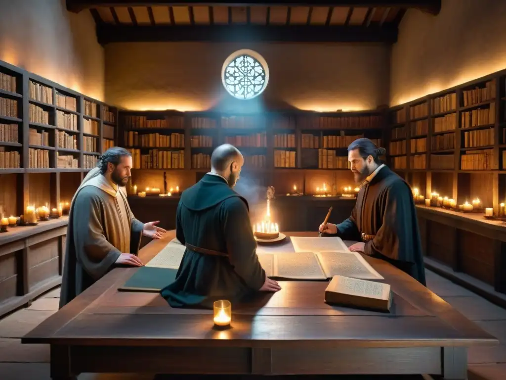 Conjuro alquímico: misterios en la penumbra medieval Un grupo de alquimistas en Europa, inmersos en aprendizaje alquímico en una cámara medieval iluminada por velas