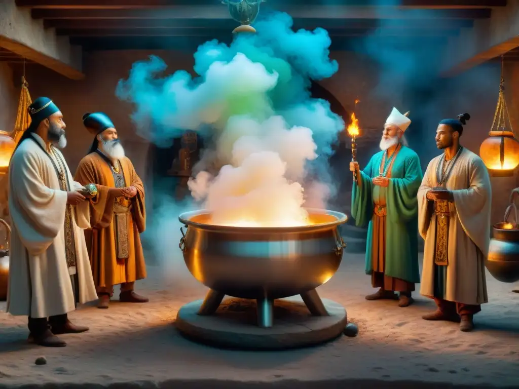 Un grupo de antiguos alquimistas y chamanes se reúnen en una cámara llena de misticismo, realizando un ritual