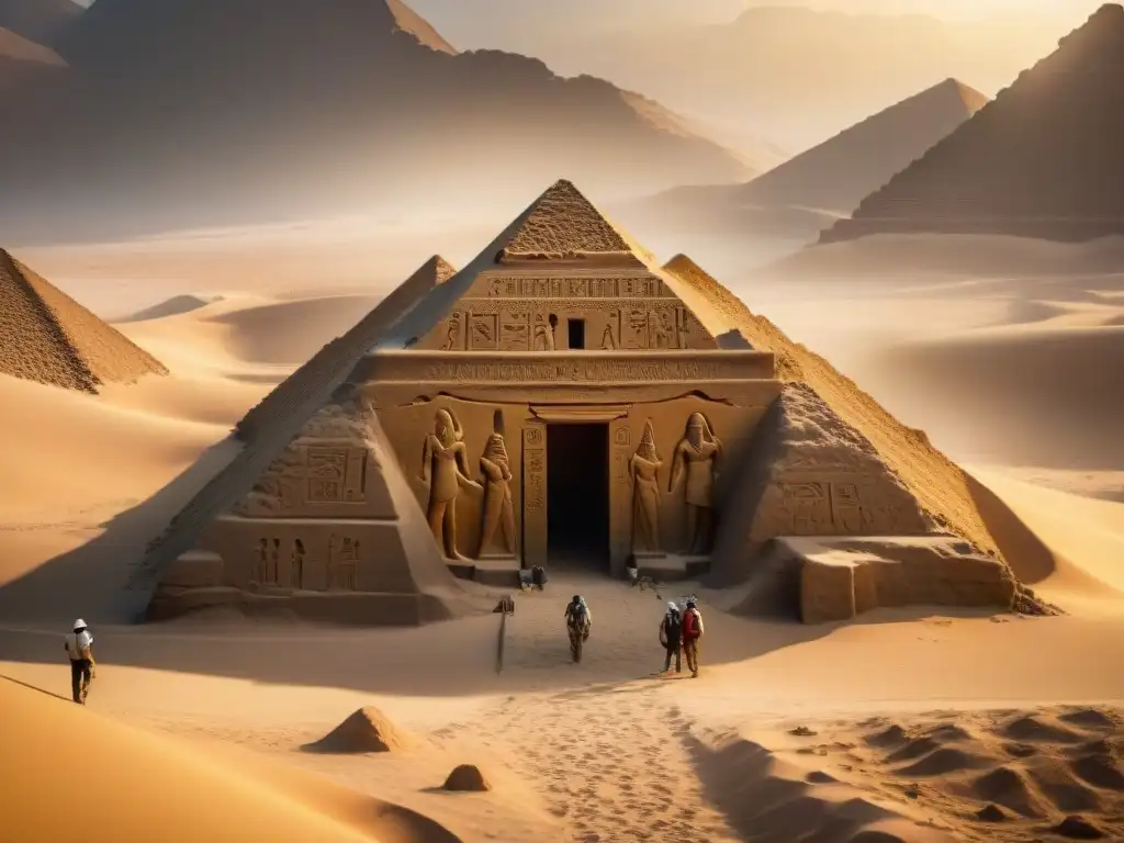 Un grupo de arqueólogos descubriendo artefactos alquímicos en una tumba egipcia, rodeados de misterio y significado