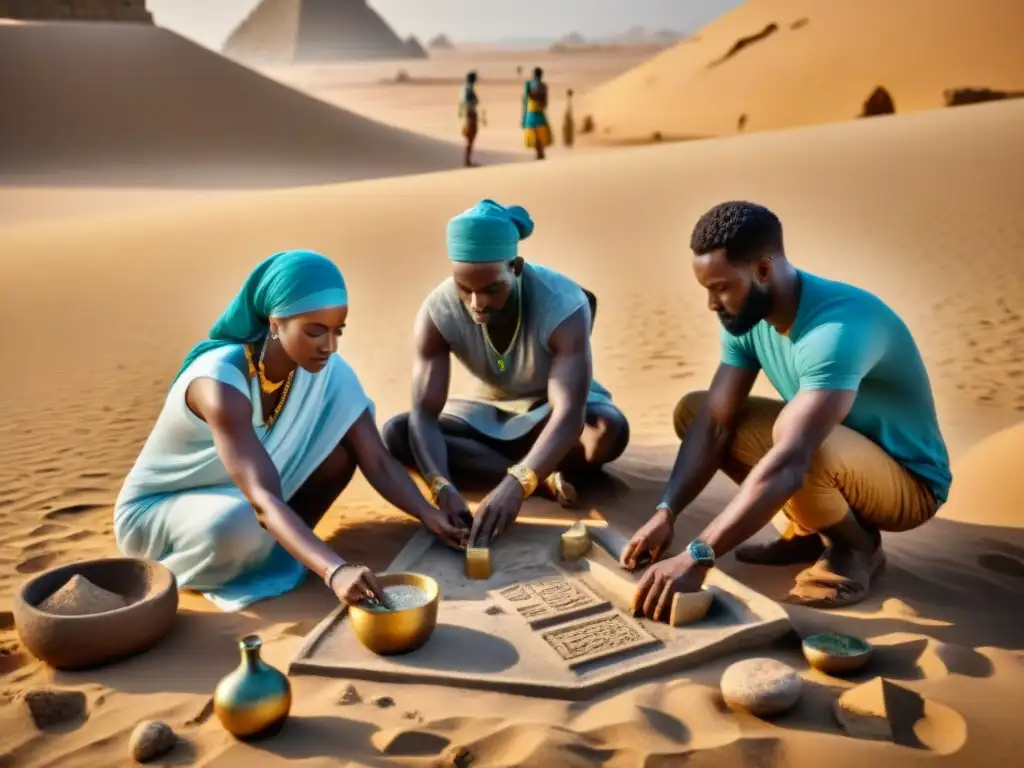 Un grupo de arqueólogos excavando artefactos alquímicos en Nubia Antiguo bajo el sol abrasador