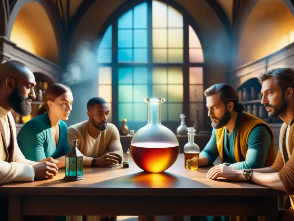 Grupo de artistas del Renacimiento en laboratorio alquímico, fascinados por transformación a través arte