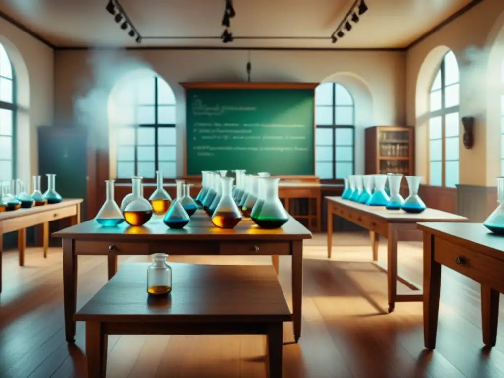 Grupo diverso de estudiantes realizando experimentos alquímicos en un aula vintage, guiados por un profesor sabio