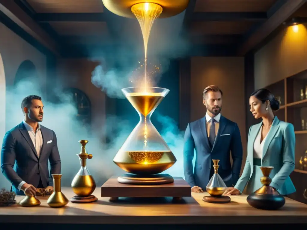 Un grupo diverso en trajes de negocios practica la alquimia para transformación financiera mediante principios alquímicos