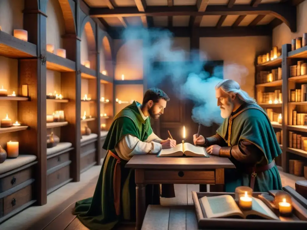 Un grupo de eruditos en un scriptorium medieval iluminado por velas, decifrando manuscritos alquímicos