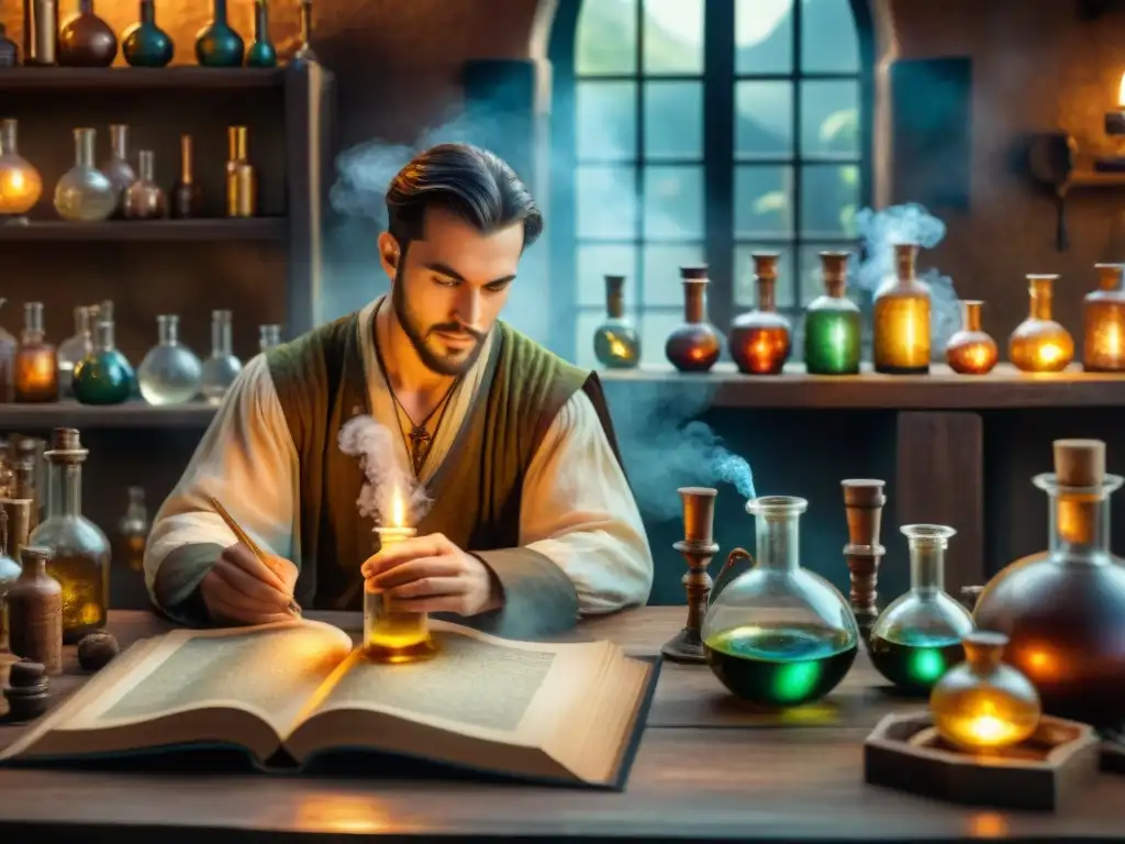 Un grupo de jóvenes alquimistas en un laboratorio medieval, creando innovaciones con misteriosas pócimas y antiguos símbolos